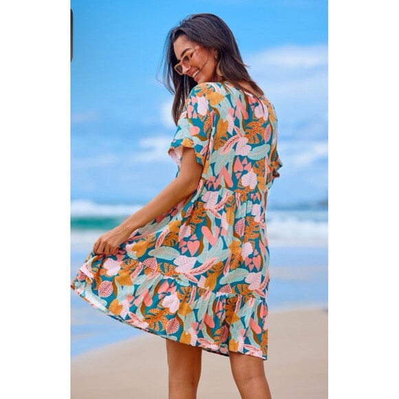 NWT Cupshe Women's M Soft Tropics Short Sleeve Mini Dress Rayon V-Neck Beach - Picture 2 of 9